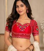 Red mirror work italian silk readymade designer mumtaz cut navratri garba festive blouse for women