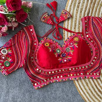 Red mirror work italian silk readymade designer mumtaz cut navratri garba festive blouse for women 2