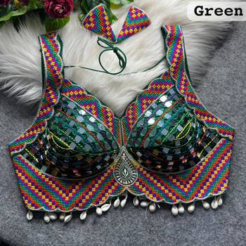 Green navratri mirror work readymade blouse | multicolor kutch embroidery | heavy thread work silk blouse 2
