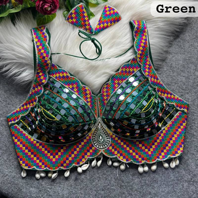 Green navratri mirror work readymade blouse | multicolor kutch embroidery | heavy thread work silk blouse