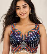 Navy blue heavy mirror work readymade blouse | multicolor kutch embroidery soft silk navratri designer blouse