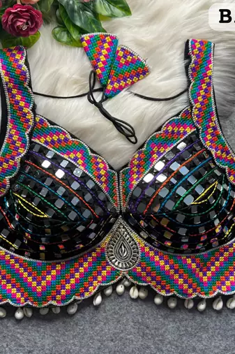 Black heavy mirror work readymade blouse | multicolor kutch embroidery italian soft silk navratri designer choli