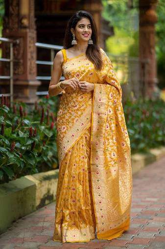banarasi silk blend yellow color woven saree with blouse