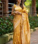 banarasi silk blend yellow color woven saree with blouse
