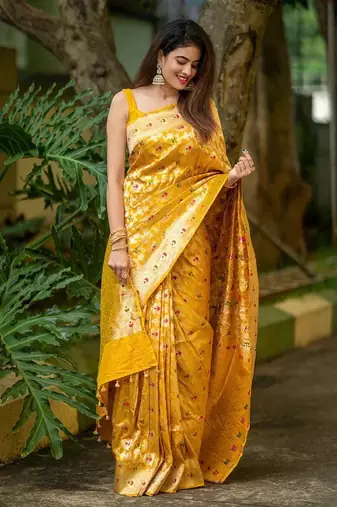 banarasi silk blend yellow color woven saree with blouse