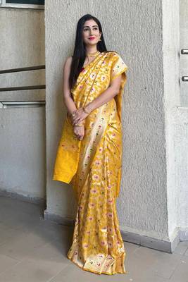 banarasi silk blend yellow color woven saree with blouse 5