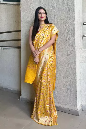 banarasi silk blend yellow color woven saree with blouse