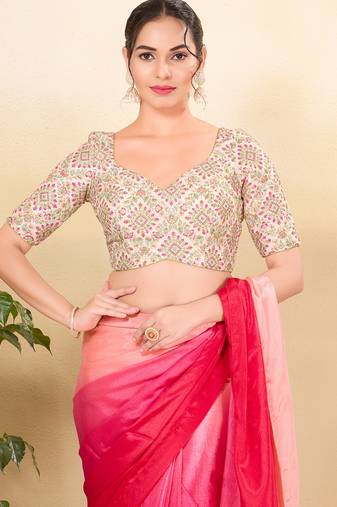 Women's dupion silk padded back open elbow sleeves saree blouse