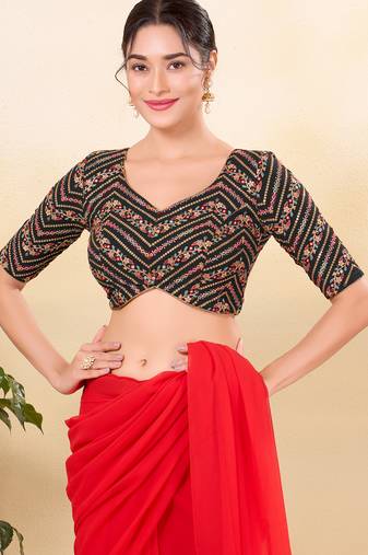 Women's jain silk padded back open elbow sleeves saree blouse