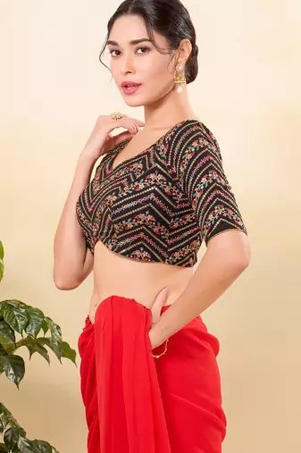 Women's jain silk padded back open elbow sleeves saree blouse