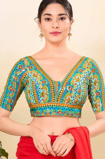 Women's jain silk padded back open elbow sleeves saree blouse
