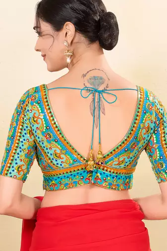 Women's jain silk padded back open elbow sleeves saree blouse