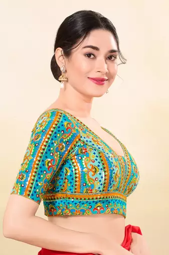 Women's jain silk padded back open elbow sleeves saree blouse