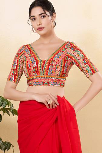 Women's jain silk padded back open elbow sleeves saree blouse