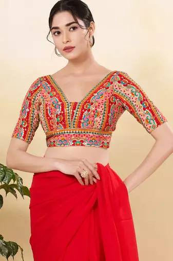 Women's jain silk padded back open elbow sleeves saree blouse