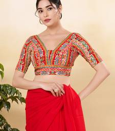 Women's jain silk padded back open elbow sleeves saree blouse
