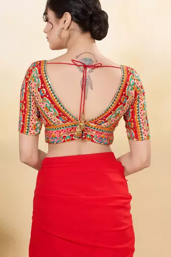 Women's jain silk padded back open elbow sleeves saree blouse