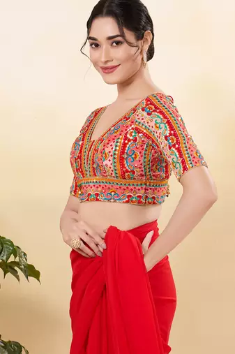 Women's jain silk padded back open elbow sleeves saree blouse