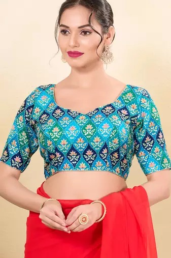 Women's silk padded back open elbow sleeves saree blouse