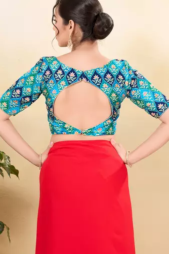 Women's silk padded back open elbow sleeves saree blouse