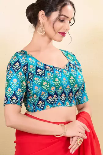 Women's silk padded back open elbow sleeves saree blouse