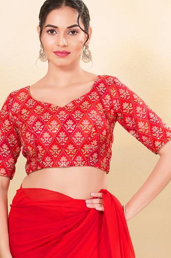 Women's silk padded back open elbow sleeves saree blouse