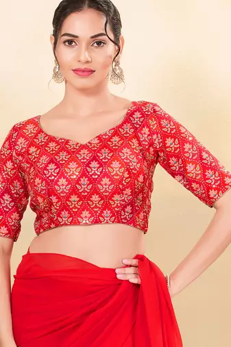 Women's silk padded back open elbow sleeves saree blouse