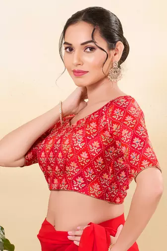 Women's silk padded back open elbow sleeves saree blouse