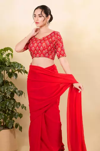 Women's silk padded back open elbow sleeves saree blouse