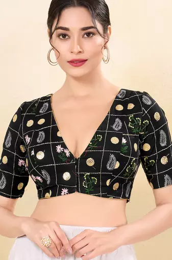Women's cotton padded front open elbow sleeves saree blouse