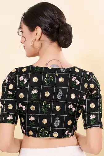 Women's cotton padded front open elbow sleeves saree blouse