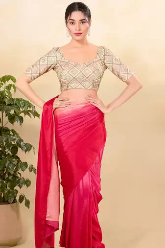 Women's jain silk padded back open elbow sleeves saree blouse