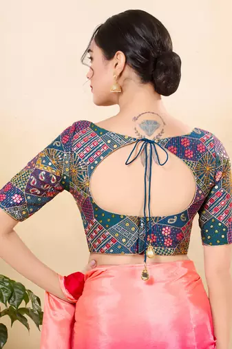 Women's jain silk padded back open elbow sleeves saree blouse