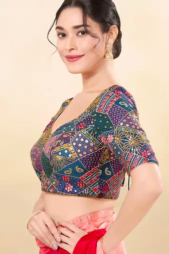 Women's jain silk padded back open elbow sleeves saree blouse