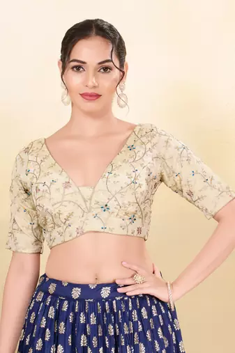 Women's net padded back open elbow sleeves saree blouse