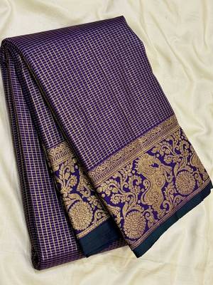 banarasi silk blend navy blue color woven saree with blouse 1