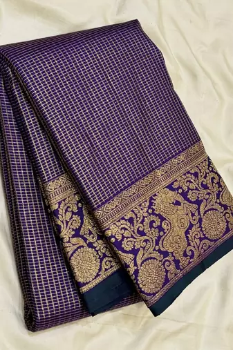 banarasi silk blend navy blue color woven saree with blouse