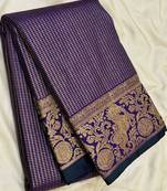banarasi silk blend navy blue color woven saree with blouse