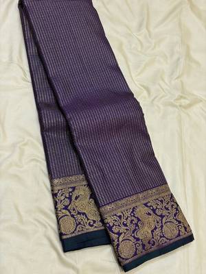 banarasi silk blend navy blue color woven saree with blouse 3