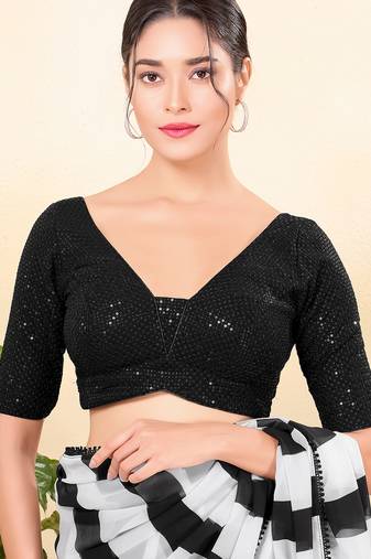 Women's net padded back open elbow sleeves saree blouse
