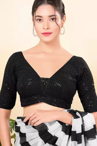 Women's net padded back open elbow sleeves saree blouse