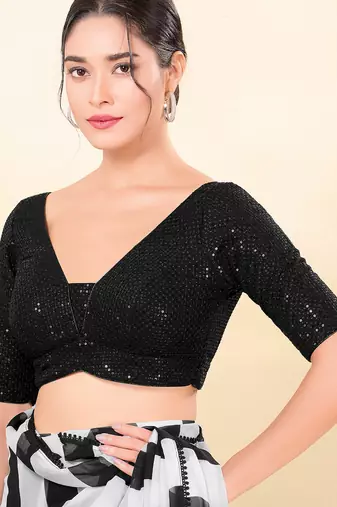 Women's net padded back open elbow sleeves saree blouse