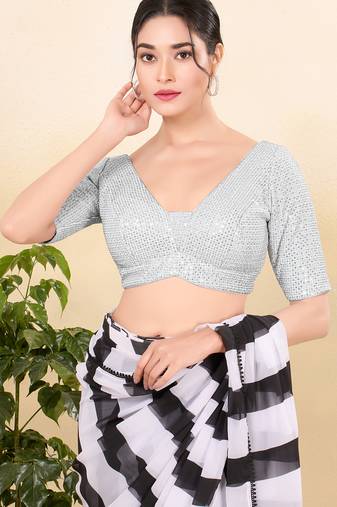 Women's net padded back open elbow sleeves saree blouse