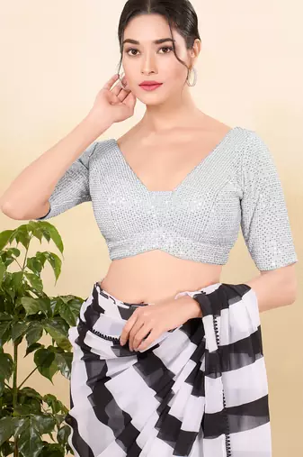 Women's net padded back open elbow sleeves saree blouse
