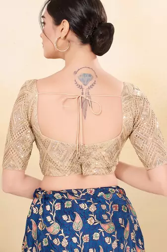 Women's jain silk padded back open elbow sleeves saree blouse