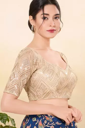 Women's jain silk padded back open elbow sleeves saree blouse