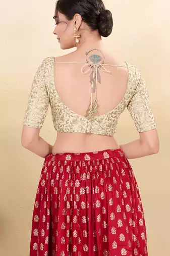 Women's jain silk padded back open elbow sleeves saree blouse