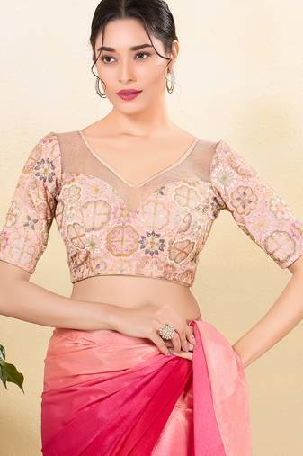 Women's net padded back open elbow sleeves saree blouse