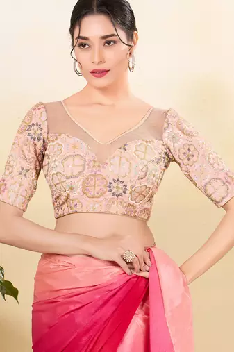Women's net padded back open elbow sleeves saree blouse
