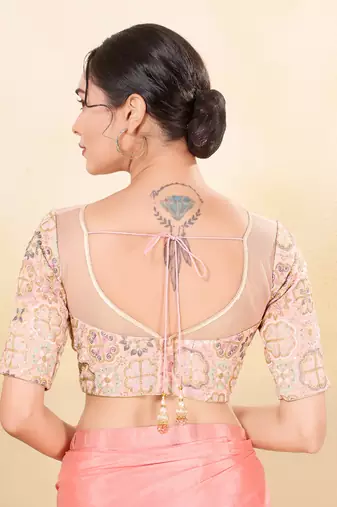 Women's net padded back open elbow sleeves saree blouse